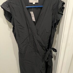 LOFT Black Wrap Midi Dress with V-Neck